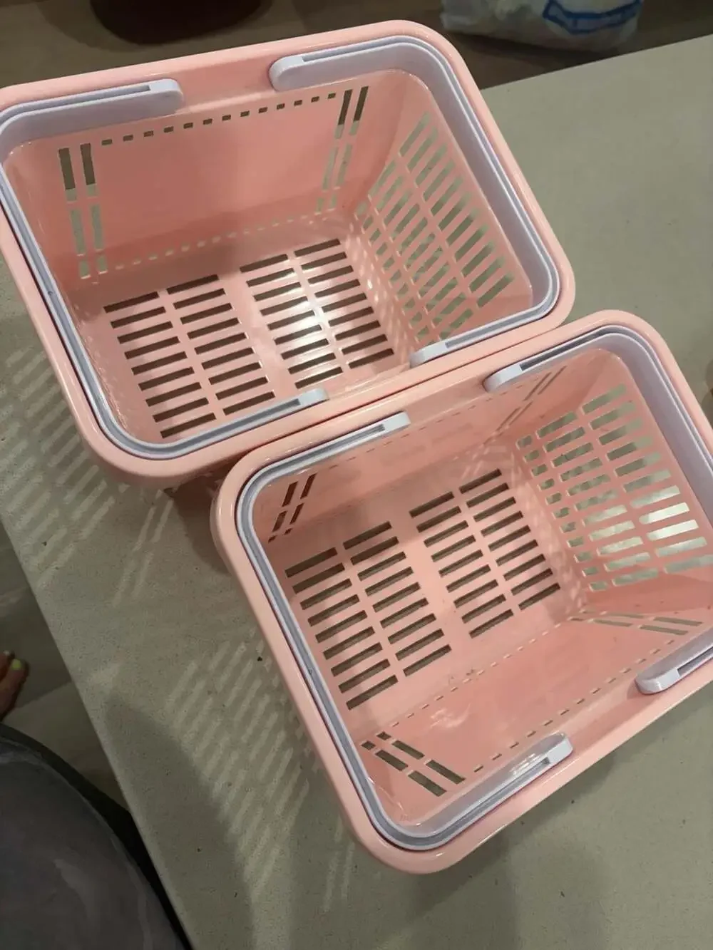 Set of 2 Light Pink Stackable Plastic Storage Baskets with Handles